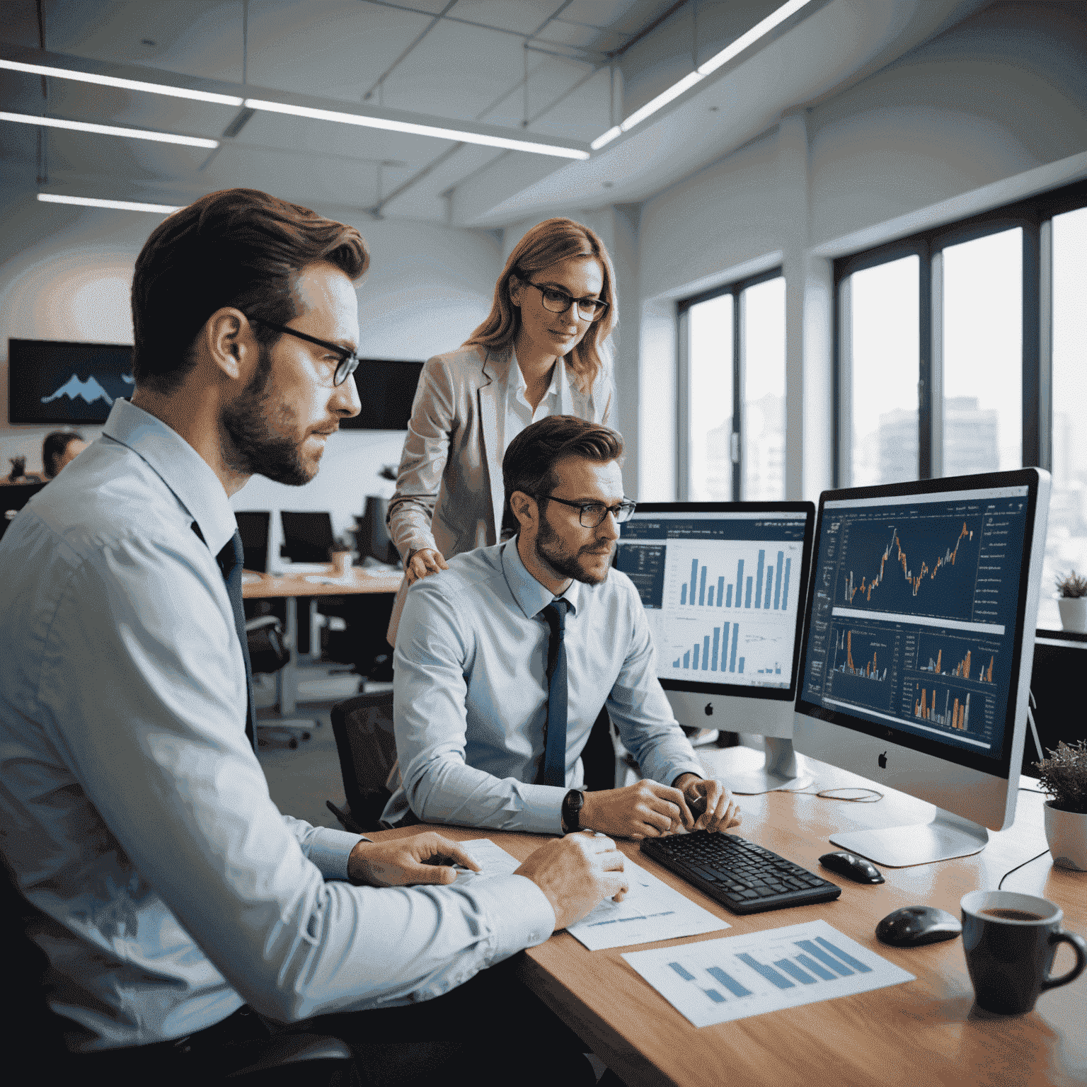 A professional team of financial consultants working together in a modern office, analyzing charts and graphs on computer screens and discussing strategies