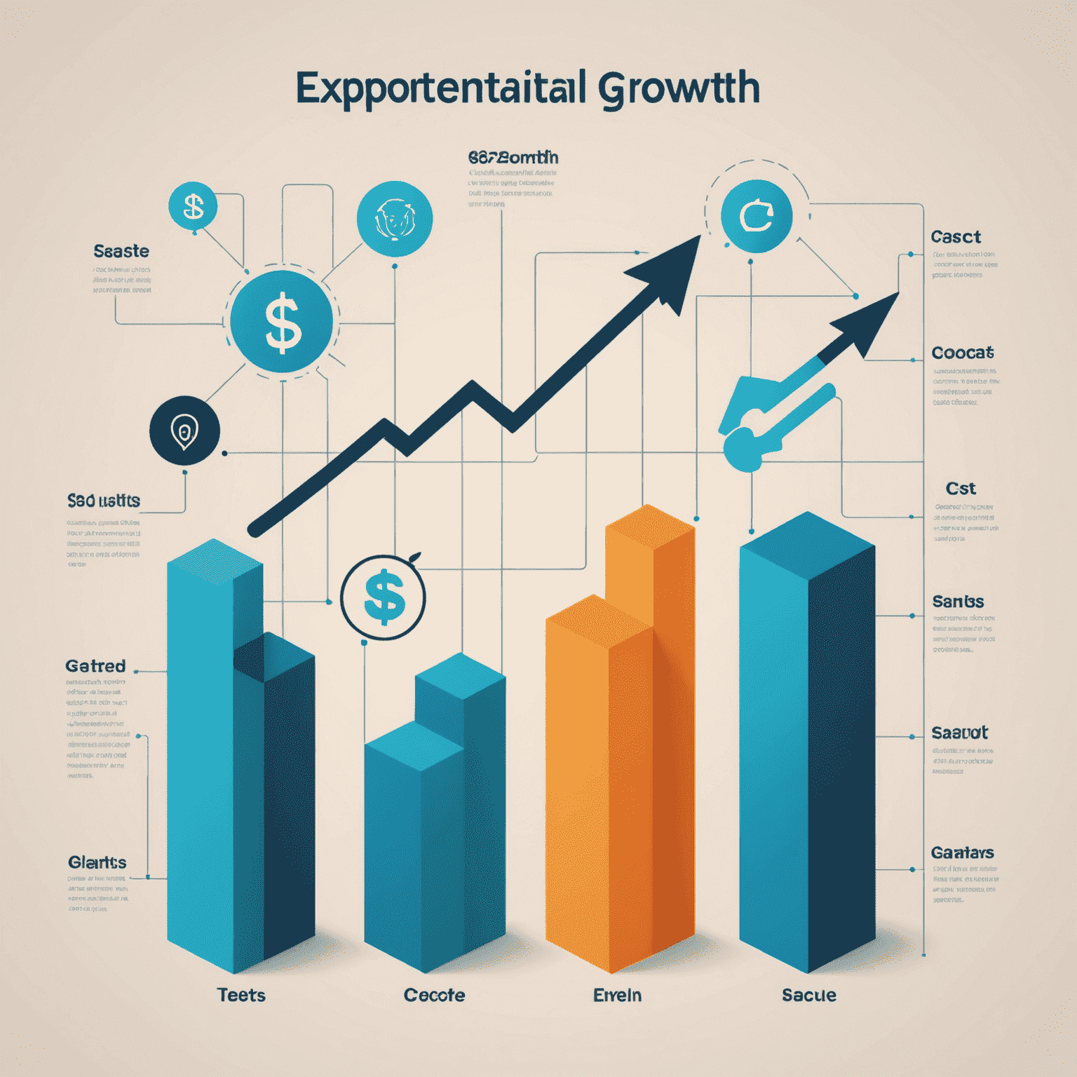 A graph showing exponential revenue growth for a tech startup, with icons representing cost-cutting measures