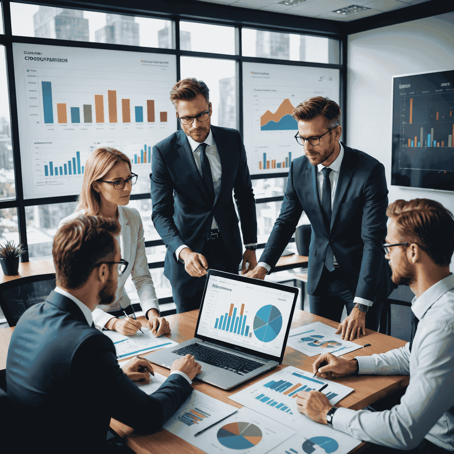 A professional team working on a business plan, analyzing financial charts and graphs on a large screen. The image shows a diverse group of consultants collaborating in a modern office setting.