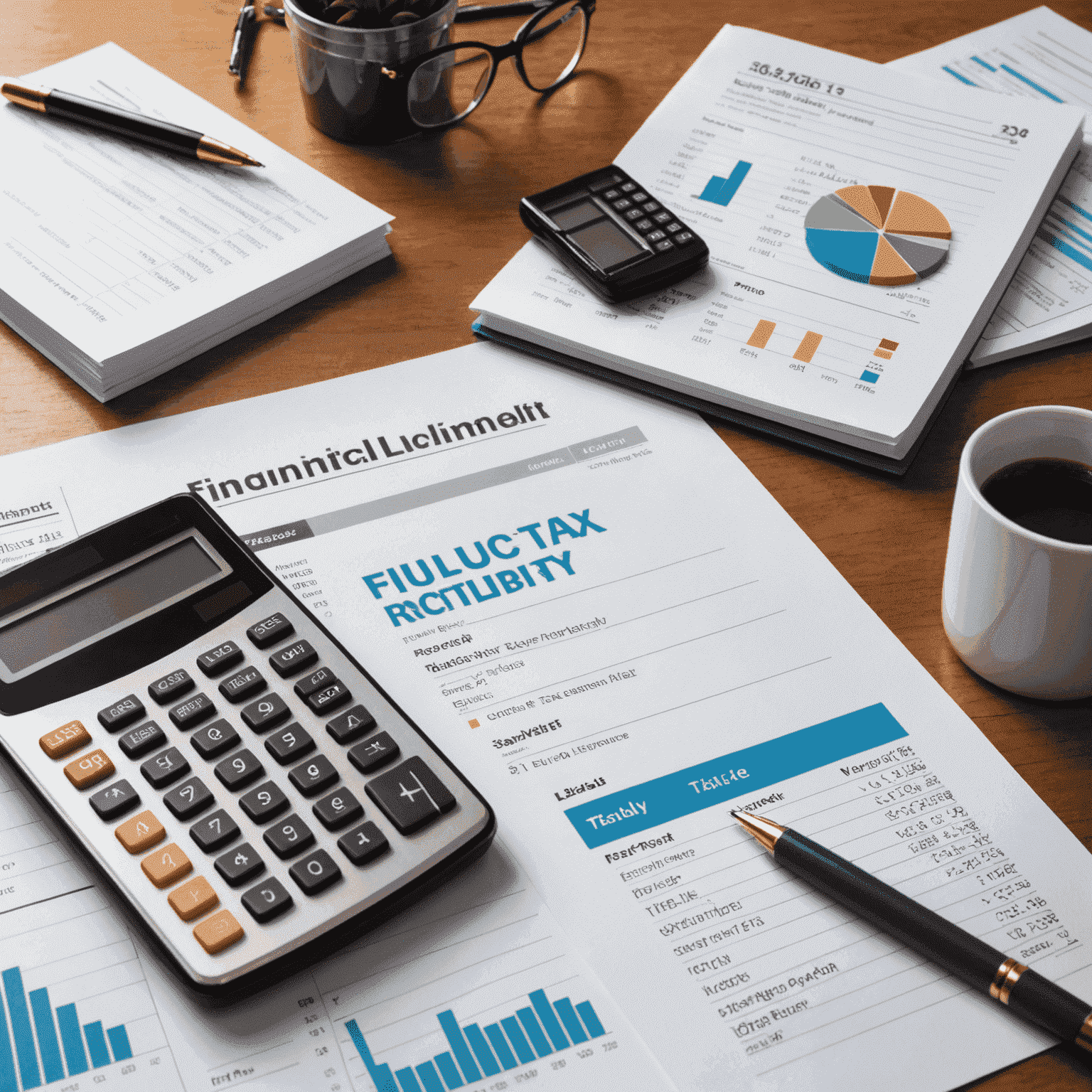 Tax optimization concept image showing a calculator, financial documents, and a graph indicating reduced tax liability