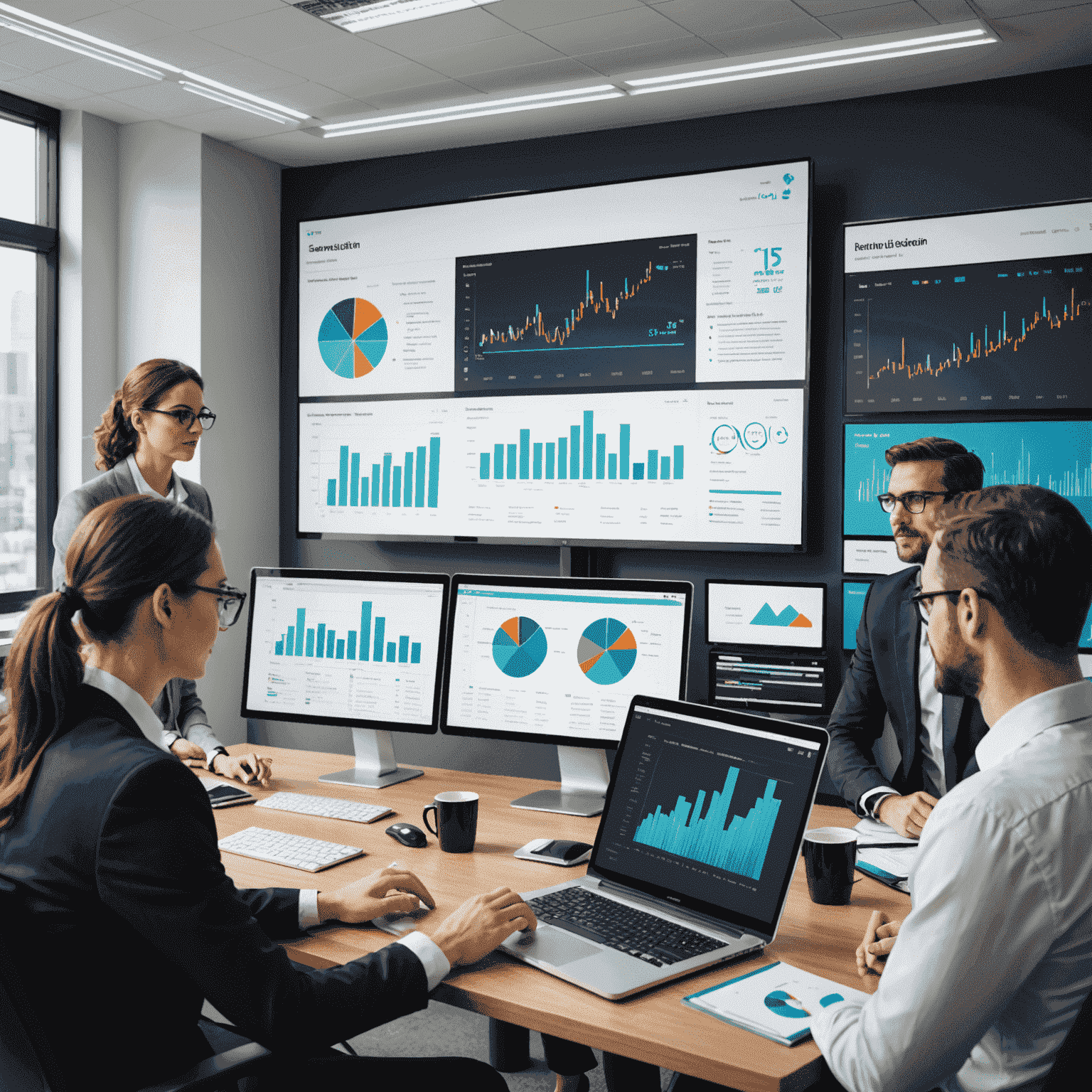 A professional team analyzing financial reports and management accounting data on a large screen in a modern office setting