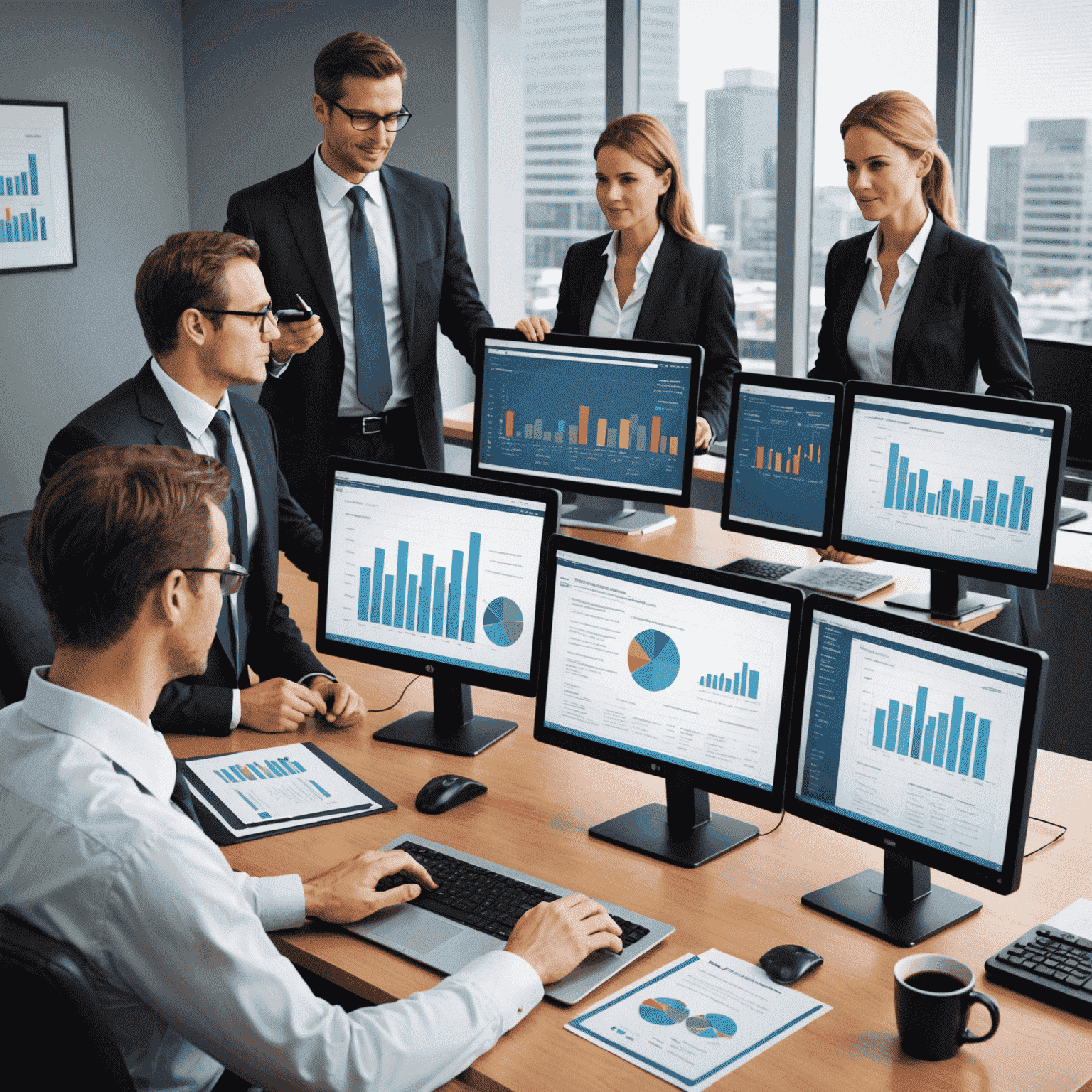 A detailed illustration of the financial audit process, showing an auditor reviewing financial statements, analyzing data on computer screens, and discussing findings with business executives