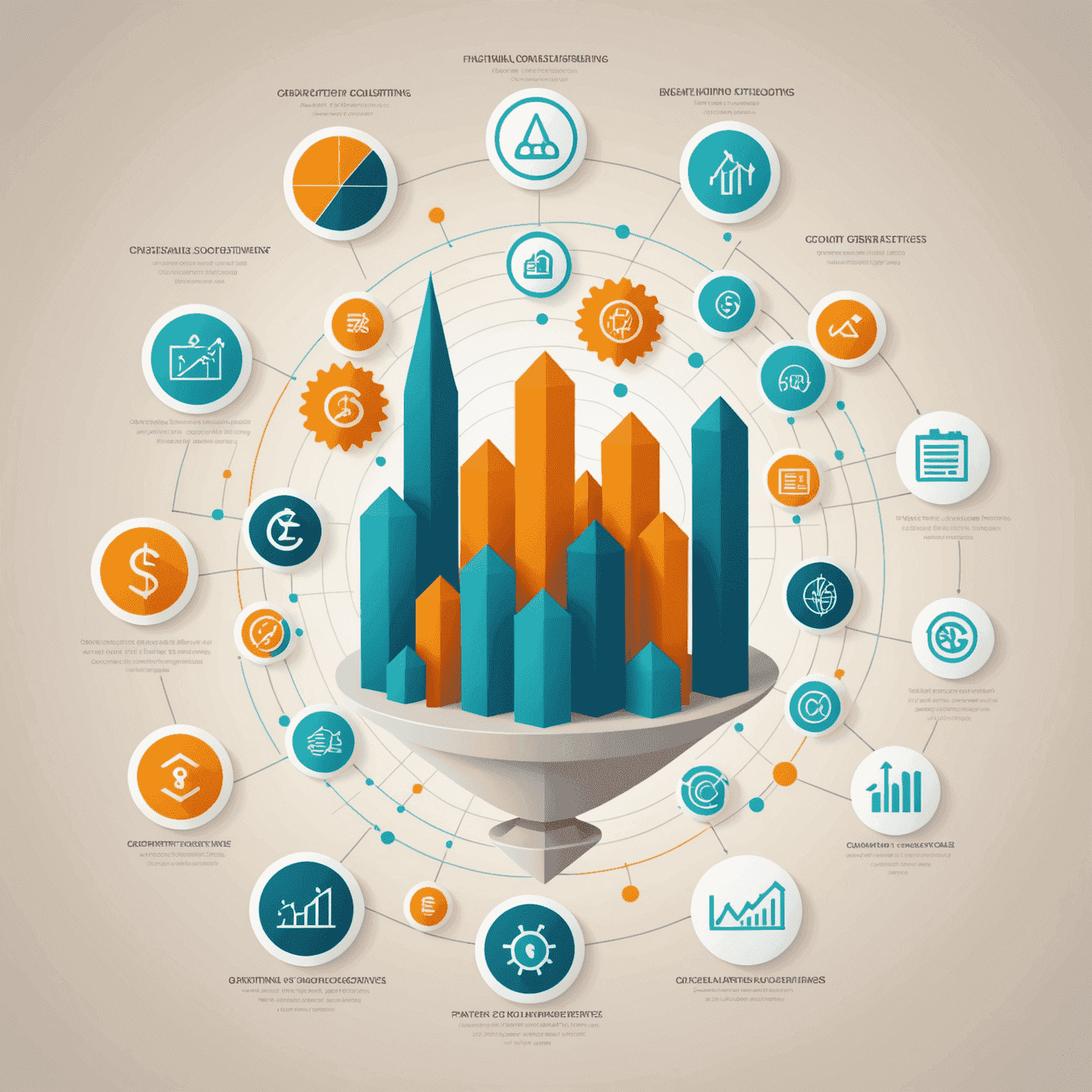 A graph showing upward trends in financial consulting, with icons representing new innovative approaches and digital tools