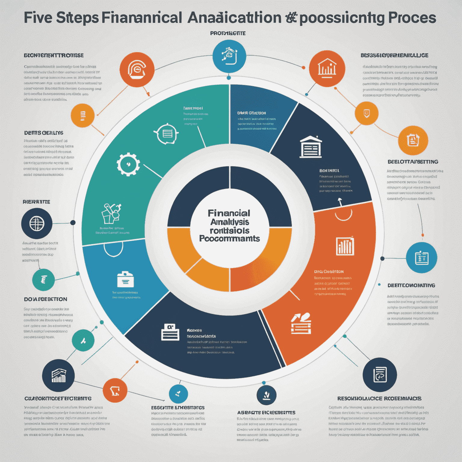 An infographic showing the five steps of the financial analysis process: data collection, analysis, reporting, consultation, and strategic recommendations