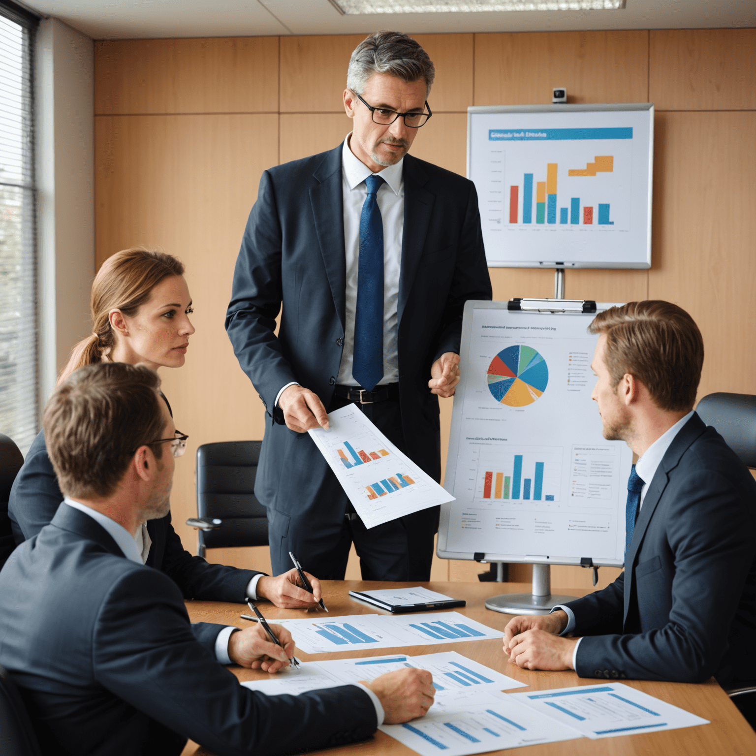 A consultant explaining a management accounting system diagram to a group of business executives in a boardroom