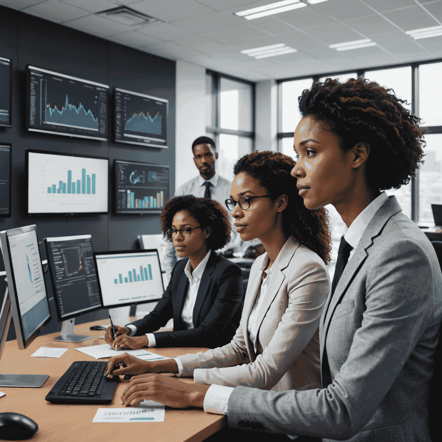 A diverse team of professional auditors working together in a modern office environment, analyzing financial data on large screens and collaborating on audit findings