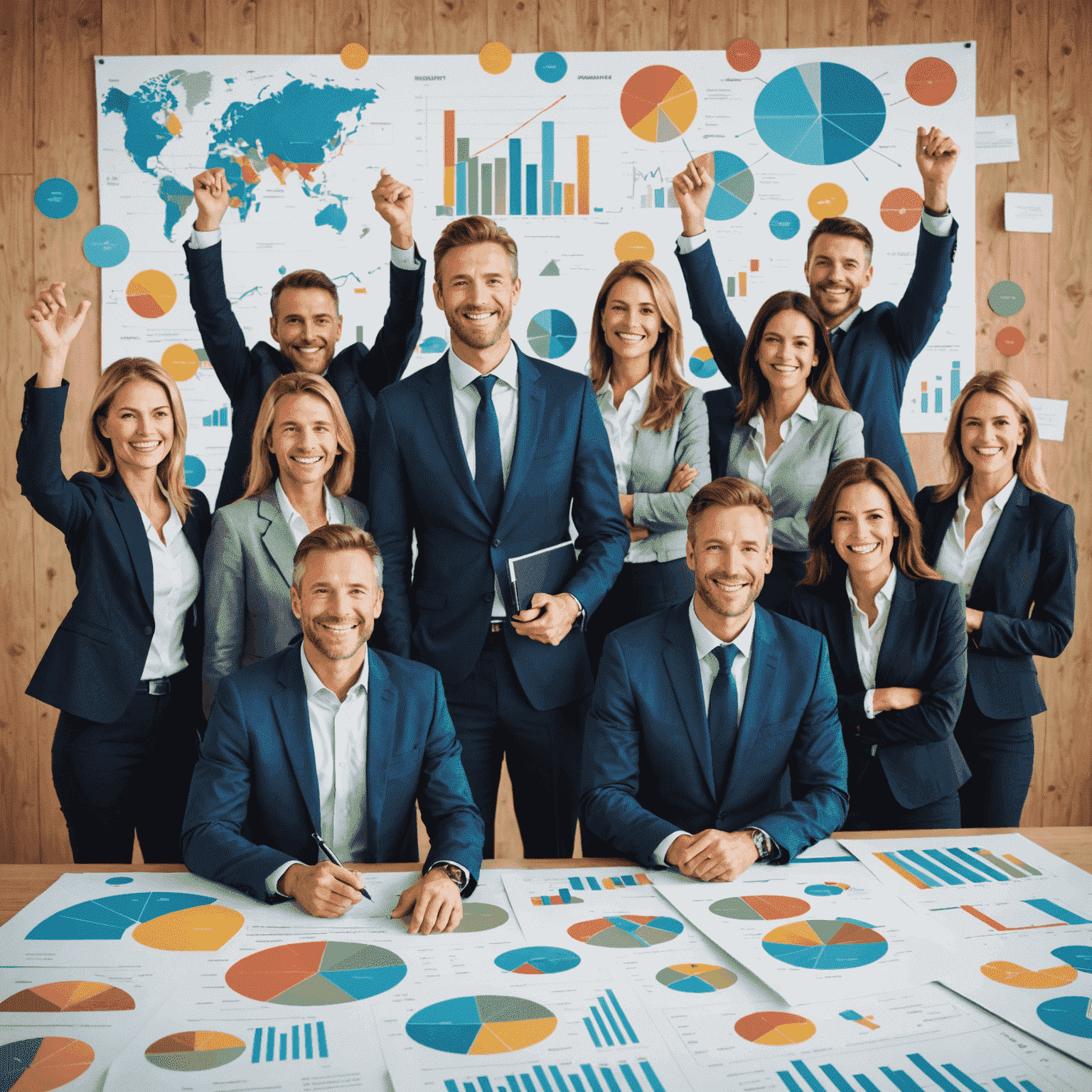 A collage of happy business people and positive financial charts, representing successful financial optimization cases