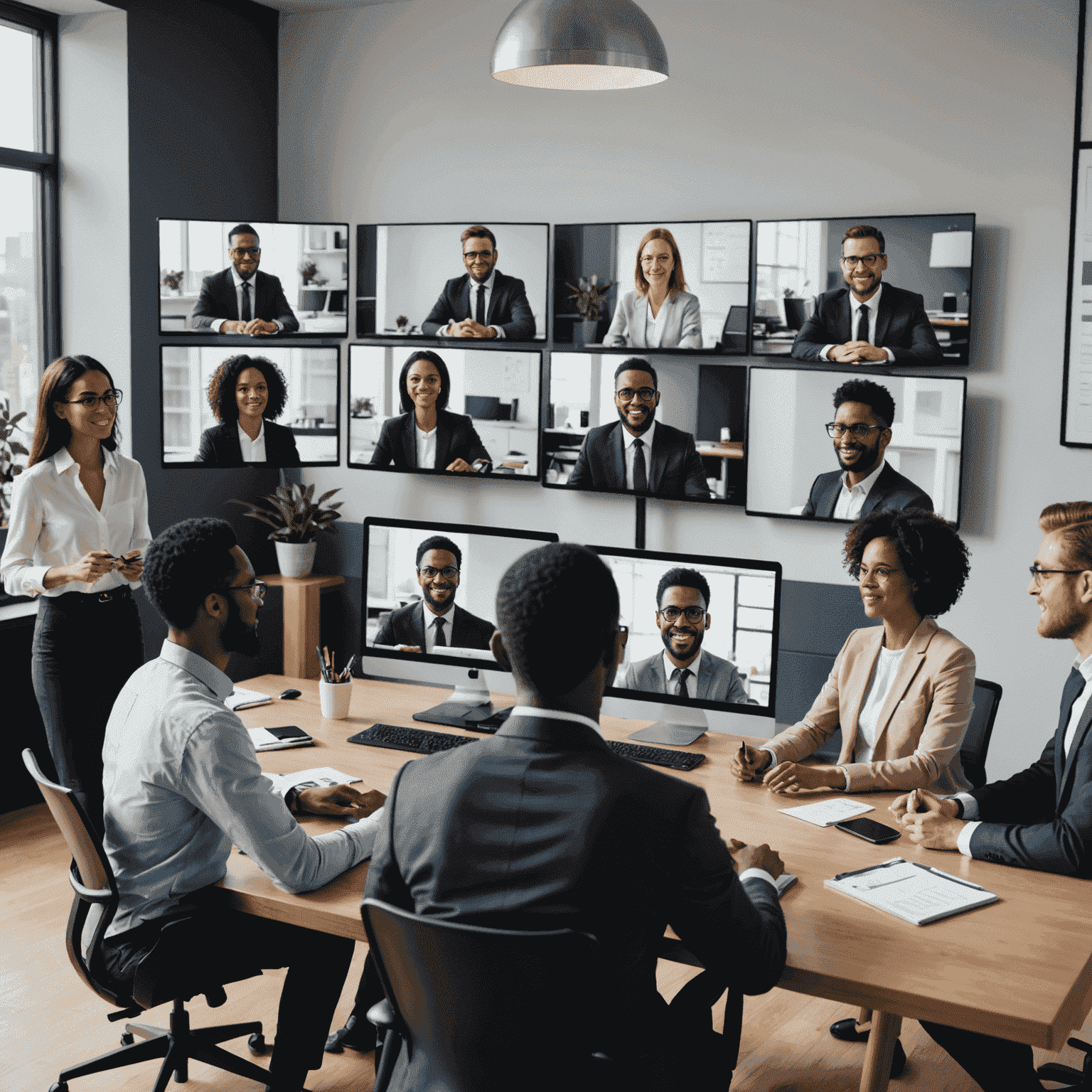 A diverse group of financial consultants engaged in a virtual meeting, discussing financial models on shared screens