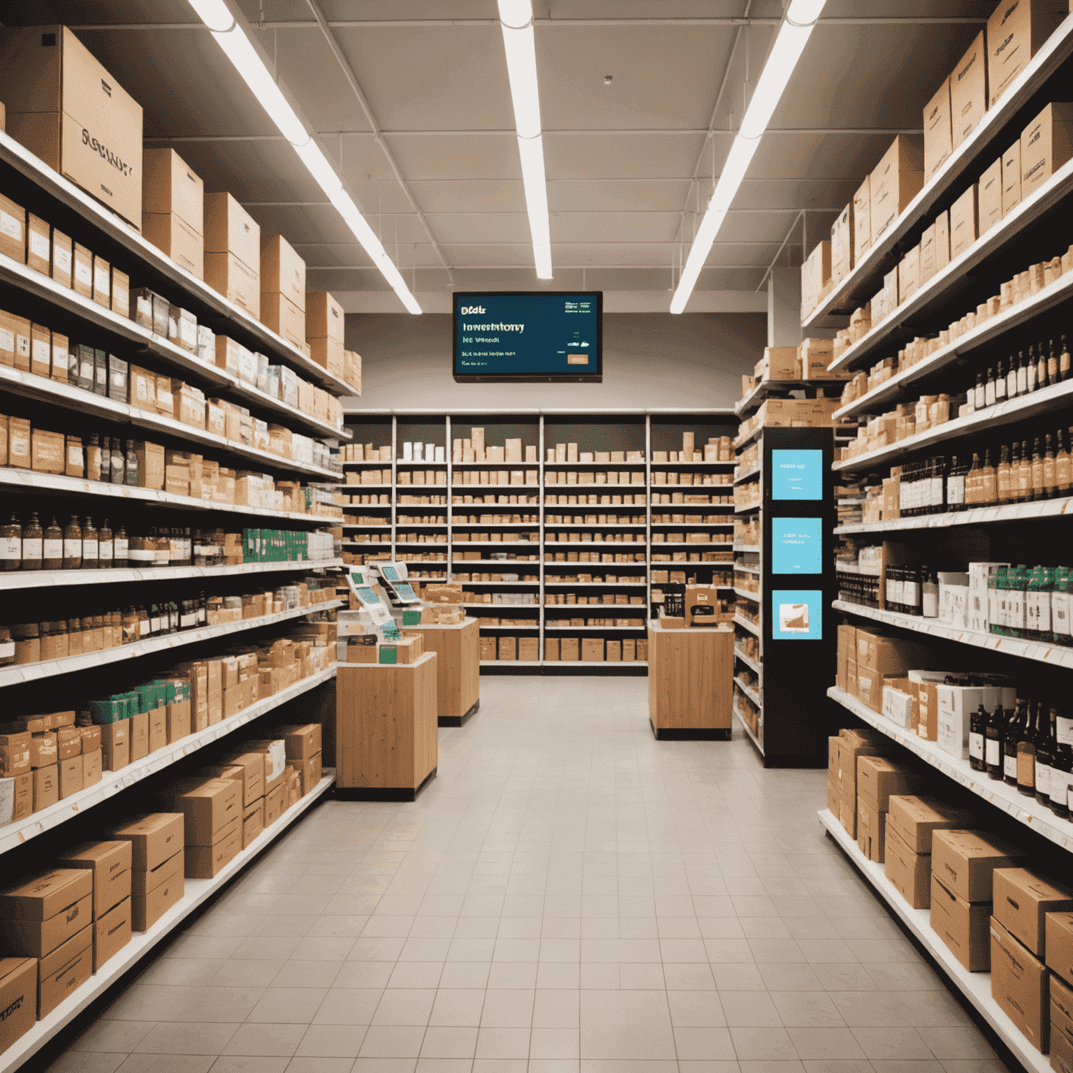 A busy retail store with shelves of products and a digital display showing real-time inventory data