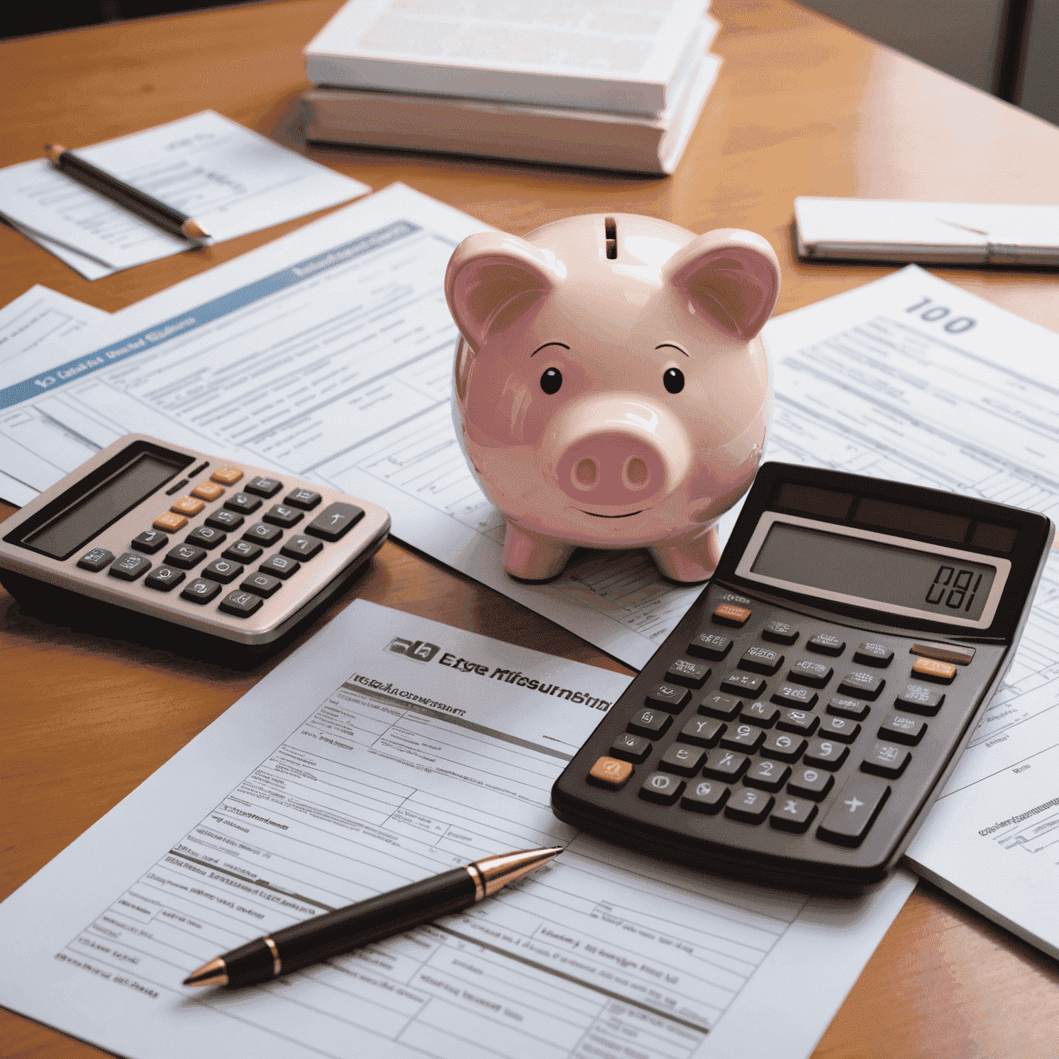 A calculator, tax forms, and a piggy bank, representing consultations on legal methods of optimizing tax burden and developing an effective tax strategy.