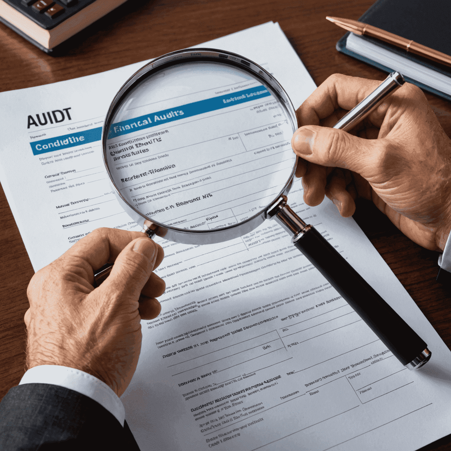 An auditor examining financial documents with a magnifying glass, representing the conduct of independent financial audits to identify potential risks and opportunities for improving financial performance.